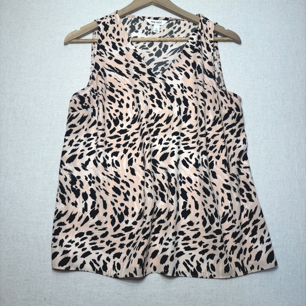 Nine West Sleeveless V Neck Cheetah Print Sheer Blouse Top Size M